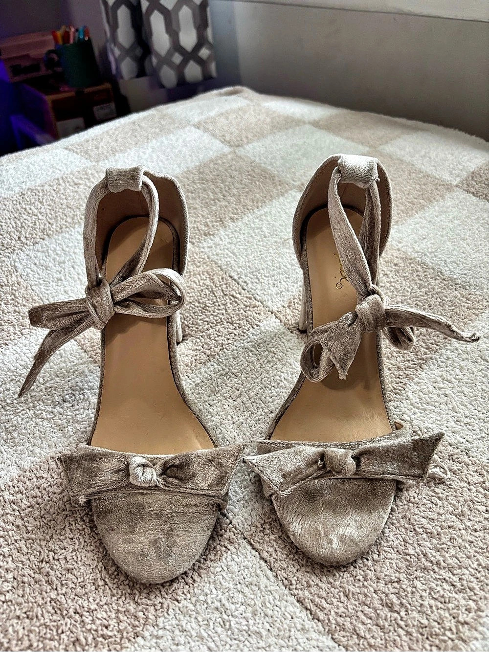 Qupid Bow Detail Ankle Strap Heels in Beige